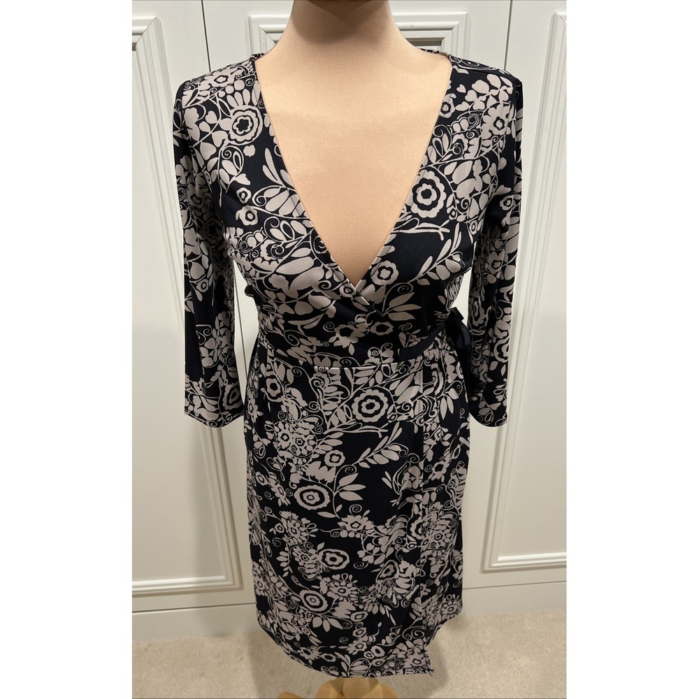 Loft Black & Tan Wrap Dress Size 2P Floral Career Office Cottagecore Business